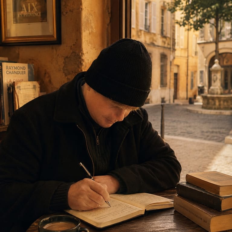 Tim Cobs, écrivant dans un carnet à une terrasse d'Aix-en-Provence